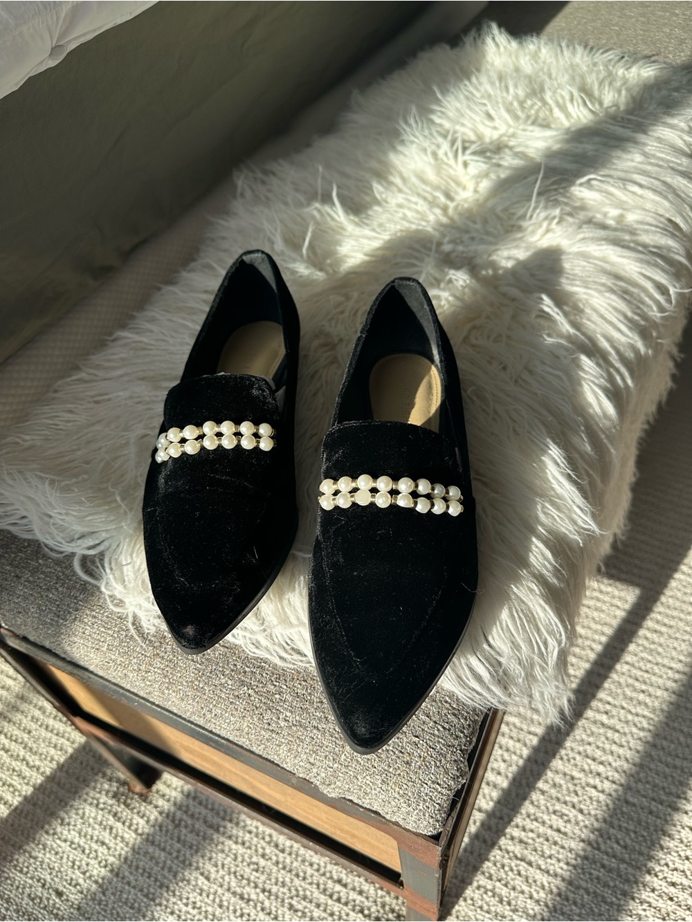 Marc Fisher Black Velvet Pearl-Trim Pointed Loafers, size 8